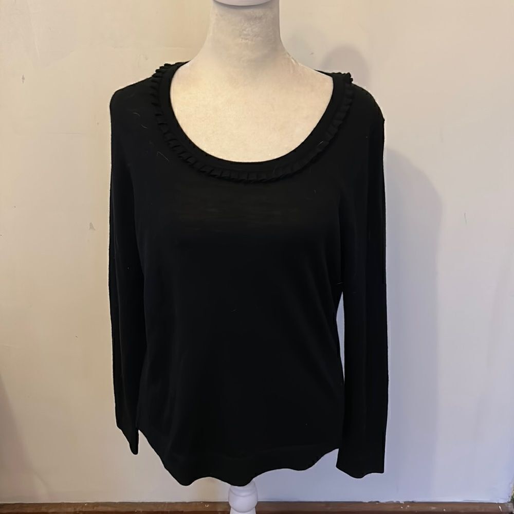 Talbots black long sleeve merino wool ruffle neck sweater Size MP